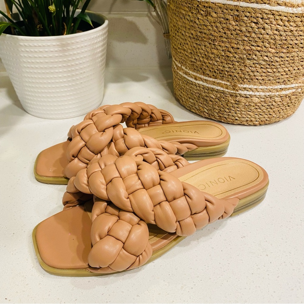 Vionic Braided Slide Sandals in Tan